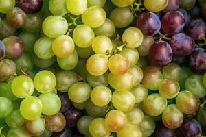 AI generated Green and black grapes as background. Top view of natural grape, full screen image photo