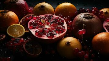 AI generated Close-up of fresh fruits with water drops on dark background. Healthy food concept photo