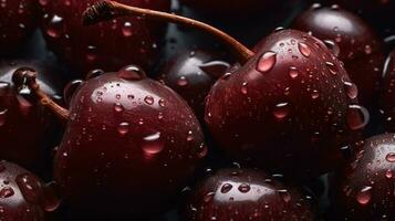 ai generado de cerca de cerezas con agua gotas en oscuro antecedentes. Fruta fondo de pantalla foto