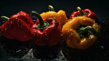 AI generated Close-up of bell peppers with water drops on dark background. Vegetable wallpaper photo