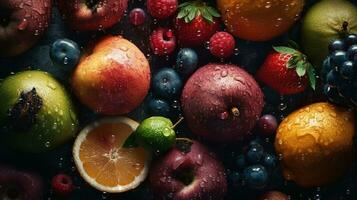 ai generado de cerca de Fresco frutas con agua gotas en oscuro antecedentes. sano comida concepto foto