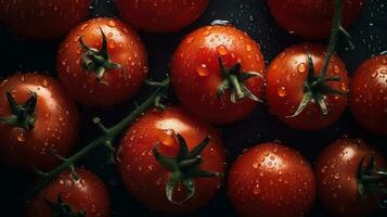 AI generated Close-up of tomatoes with water drops on dark background. Vegetable wallpaper photo