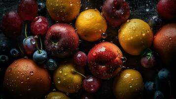 ai generado de cerca de Fresco frutas con agua gotas en oscuro antecedentes. sano comida concepto foto