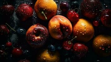 ai generado de cerca de Fresco frutas con agua gotas en oscuro antecedentes. sano comida concepto foto