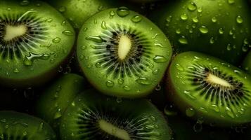 ai generado de cerca de kiwi con agua gotas en oscuro antecedentes. Fruta fondo de pantalla foto