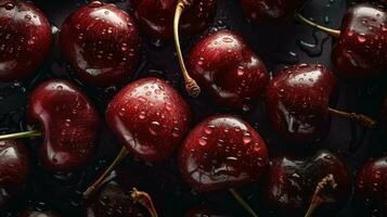 ai generado de cerca de cerezas con agua gotas en oscuro antecedentes. Fruta fondo de pantalla foto