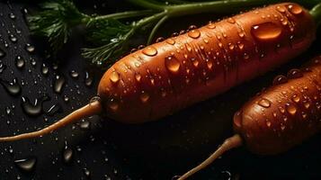 ai generado de cerca de zanahorias con agua gotas en oscuro antecedentes. vegetal fondo de pantalla foto