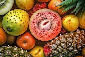 ai generado Fresco tropical frutas como antecedentes. parte superior ver de natural frutas, lleno pantalla imagen foto