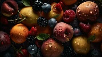 AI generated Close-up of fresh fruits with water drops on dark background. Healthy food concept photo