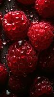 AI generated Close-up of raspberries with water drops on dark background. Fruit wallpaper photo