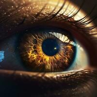 ai generado realista humano ojo con reflexión de galaxia, dorado iris. ai generado foto