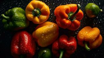 ai generado de cerca de campana pimientos con agua gotas en oscuro antecedentes. vegetal fondo de pantalla foto