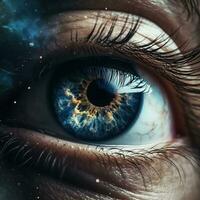 AI generated Realistic human eye with reflection of galaxy illustration. Ai generated photo