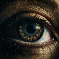 AI generated Human eye with galaxy inside close-up on dark background. Ai generated photo