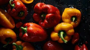 ai generado de cerca de campana pimientos con agua gotas en oscuro antecedentes. vegetal fondo de pantalla foto