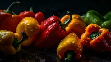 AI generated Close-up of bell peppers with water drops on dark background. Vegetable wallpaper photo