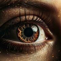 AI generated Realistic human eye with reflection of galaxy, golden iris. Ai generated photo