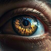 ai generado humano ojo con galaxia dentro de cerca, dorado iris en oscuro antecedentes. ai generado foto