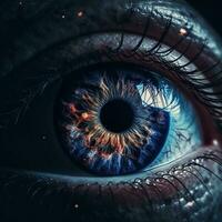 AI generated Human eye with galaxy inside close-up on dark background. Ai generated photo