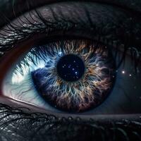 AI generated Realistic human eye with reflection of galaxy illustration. Ai generated photo