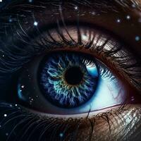 AI generated Human eye with galaxy inside close-up on dark background. Ai generated photo