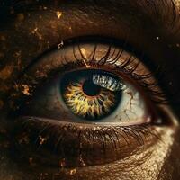 AI generated Human eye with galaxy inside close-up, golden iris on dark background. Ai generated photo