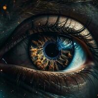 AI generated Realistic human eye with reflection of galaxy illustration. Ai generated photo