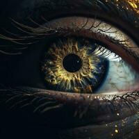 ai generado humano ojo con galaxia dentro de cerca, dorado iris en oscuro antecedentes. ai generado foto