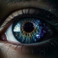 AI generated Realistic human eye with reflection of galaxy illustration. Ai generated photo