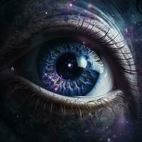 AI generated Realistic human eye with reflection of galaxy illustration. Ai generated photo