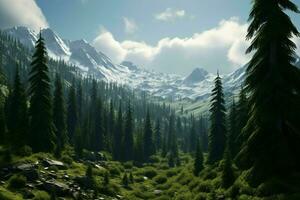 AI generated A mountainous landscape with coniferous trees photo