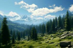 AI generated A mountainous landscape with coniferous trees photo