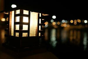 Lanterns illuminate the park at night. photo