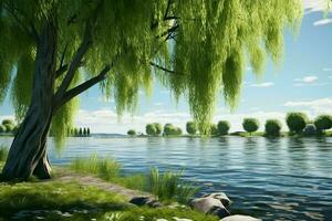 AI generated A peaceful lakeside scene with willow trees photo