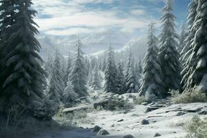 AI generated A snowy alpine forest with evergreen trees photo