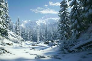 ai generado un Nevado alpino bosque con hojas perennes arboles foto