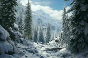 AI generated A snowy alpine forest with evergreen trees photo