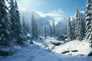 AI generated A snowy alpine forest with evergreen trees photo