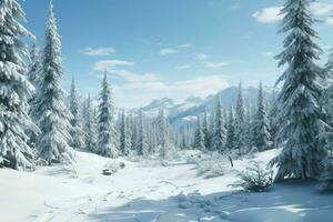 AI generated A snowy alpine forest with evergreen trees photo