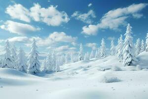 ai generado un Nevado invierno mundo maravilloso con pino arboles foto