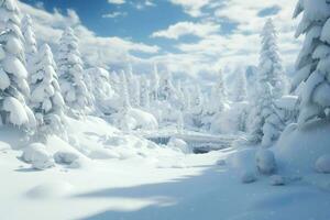 ai generado un Nevado invierno mundo maravilloso con pino arboles foto