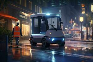 AI generated A solitary street sweeper diligently at work photo