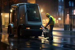 AI generated A solitary street sweeper diligently at work photo