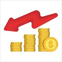 Gold coin with red arrows down. Red arrow graph go down over pile of gold coins. coin stack growing business isolate concept vector