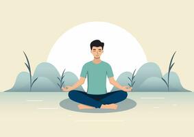 hombre meditando con un sonriente cara demostración felicidad y calma a recoger tu pensamientos y pensar acerca de tu metas eso es sentado con las piernas cruzadas antecedentes ese muestra tranquilidad sin perturbador personas vector