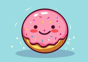 Pink donut with a bright smile decorated with multi-colored sugar flakes Vector donut art cartoon illustration used as a print template. Suitable for children and youth