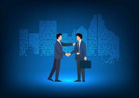 business people shaking hands Behind is a city. Agreeing to do business together to expand the customer base and expand the market around the world. The company is growing and making more profits. vector