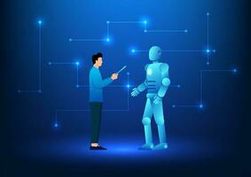artificial inteligencia tecnología ingeniero comprobación datos en un robot ese usos el ai sistema demostración el utilizar de ai tecnología con humanos a ayuda en trabajo y diario vida. vector ilustración.