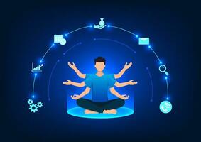 Business man meditating with multiple arms with icons representing multitasking. Work together efficiently. Vector illustration