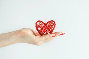 Red heart in the palm on a white background. photo